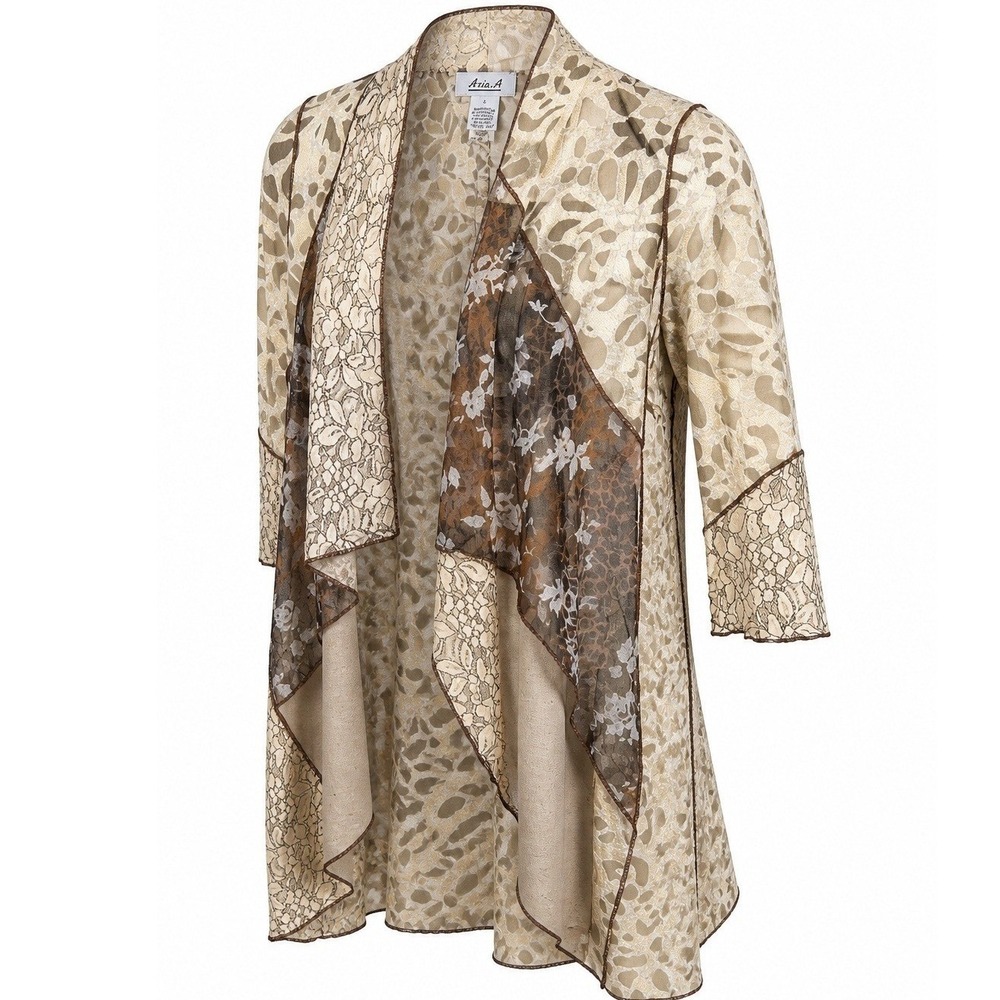 Aria A Cardigan S Womens Mixed Media Lace Burnout Open Front Tan Brown